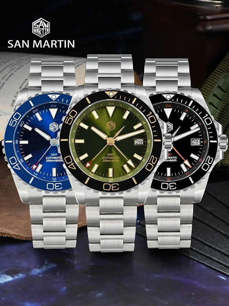 San Martin SN0136 39mm Diver Watch GMT NH34 Automatic Mechanical Enamel Dial Sapphire Luminous Stainless Steel Luxury Men Watch